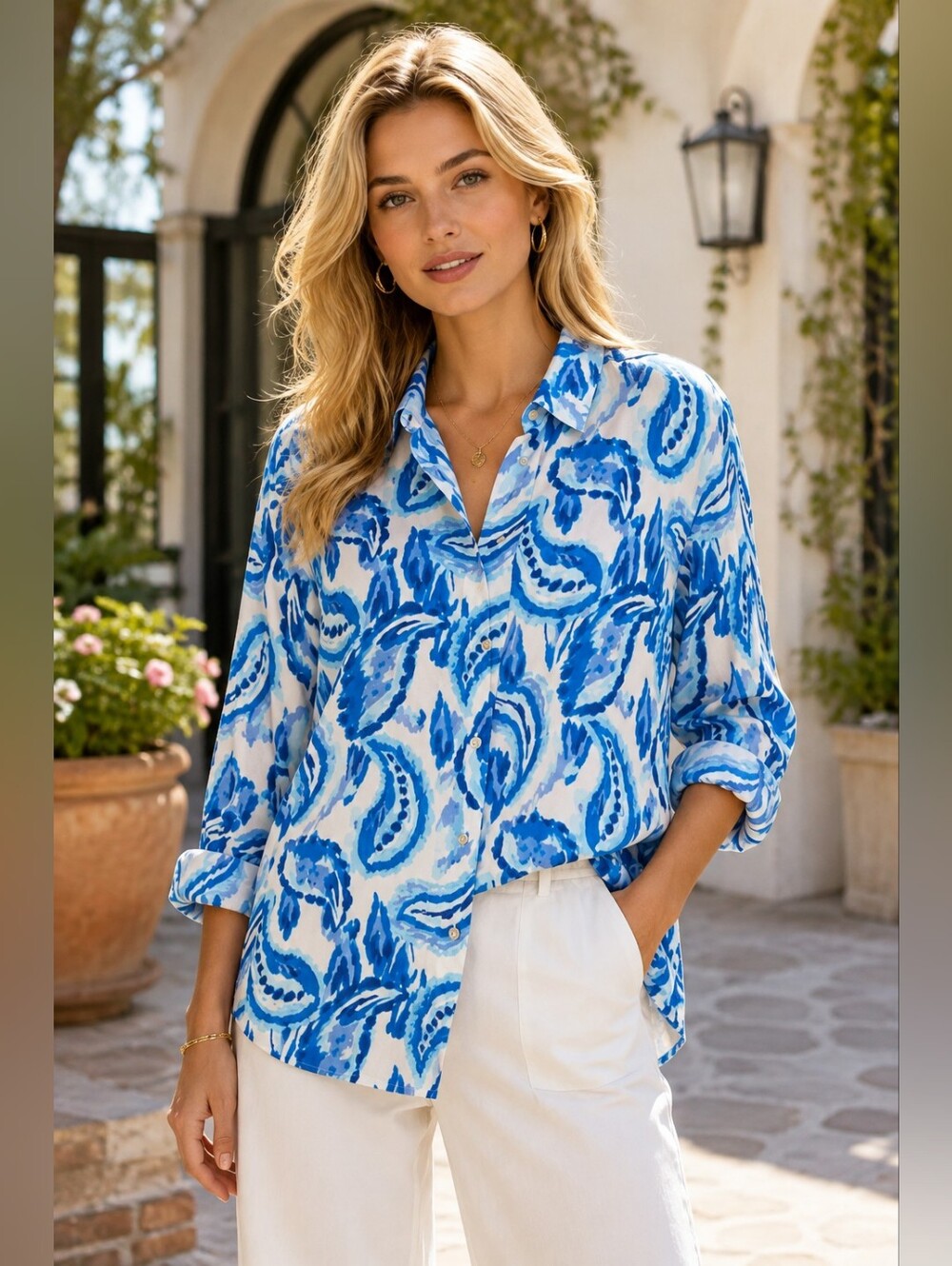 Rose + Olive Blue Paisley Button Front Blouse – Size Large - Picture 1 of 6